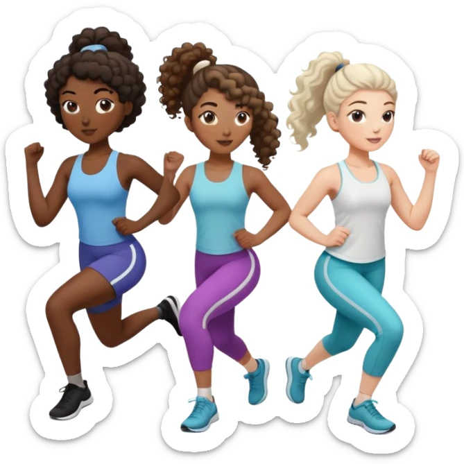 three women friends exercising together, one black woman with curly brown hair, one pale white woman with curly brown hair, and one pale white woman with straight brown hair in a ponytail sticker
