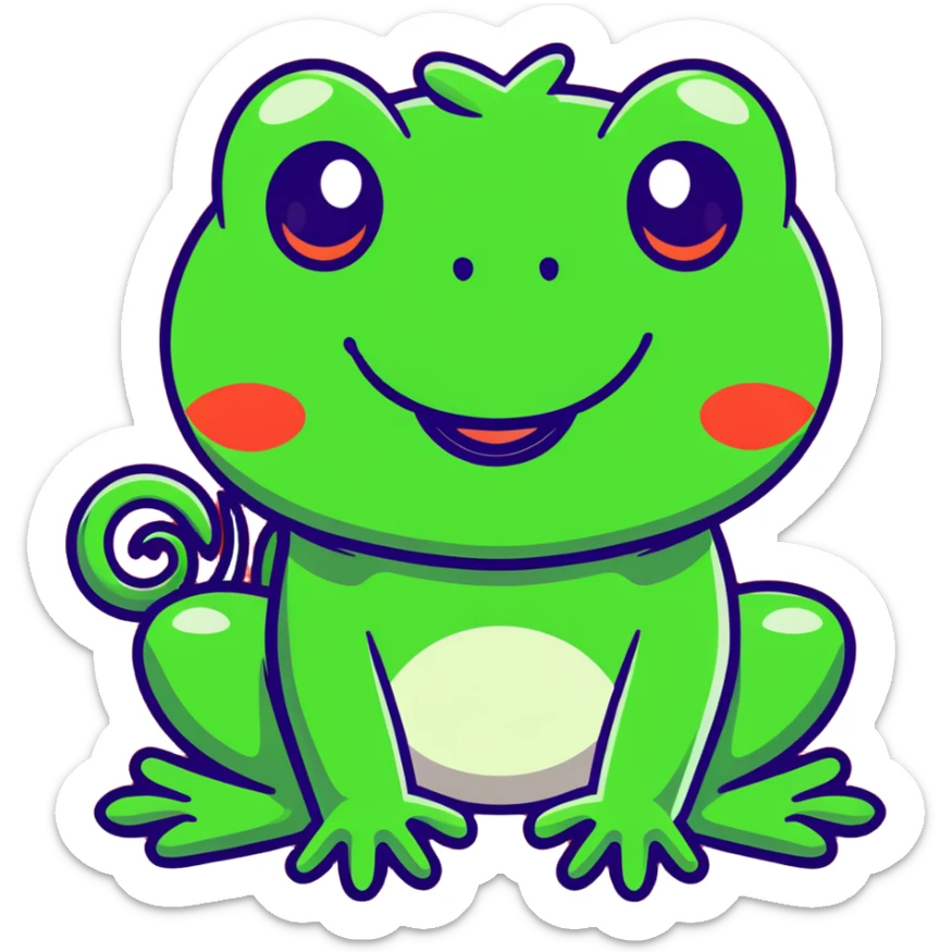 Exaggerated cartoony green frog with big bulging cross-eyes and long tongue sticking out, comic-style with silly expression sticker