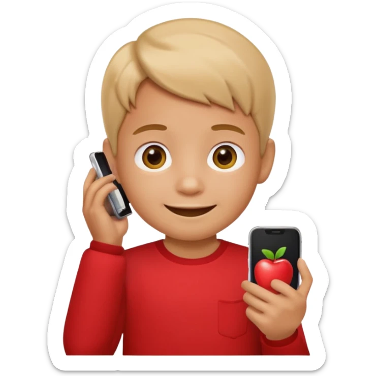 A little kid holding a phone, apple style emoji, wearing a red shirt. sticker