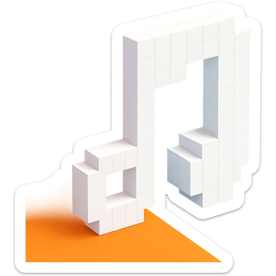 music note, voxel style, white color, 3D cubic form sticker