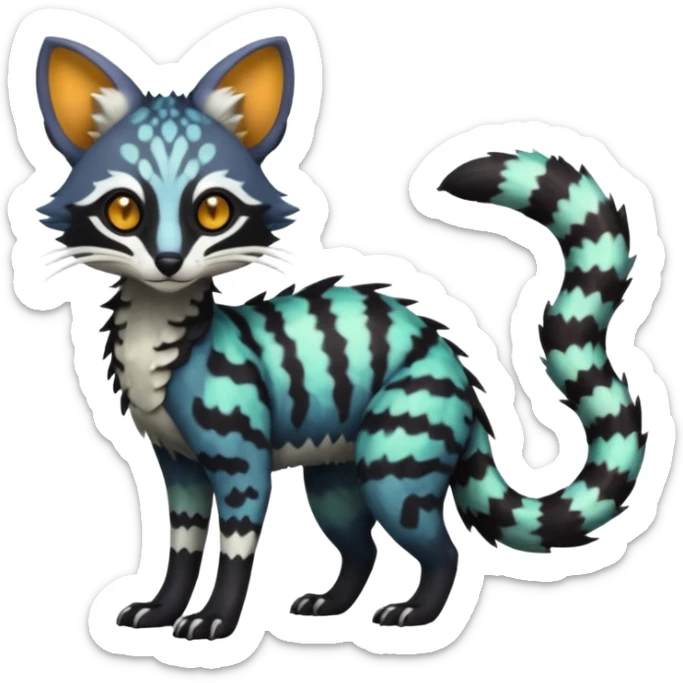 Rare realistic warm-colored lush exotic cute edgy epic aesthetic gloomy spooky dark modern colorful cyber-Genet-Trico-species-Fakemon-hybrid-creature, with beautiful intricate markings, full body sticker