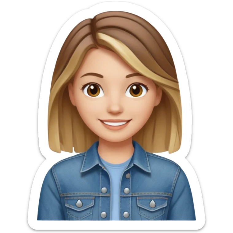 White girl with medium length brown hair with blonde highlights in denim smiles sticker