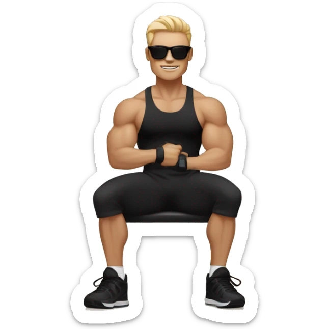A man sit in the gym and wear black lower black shoes black t shirt black sunglasses and hold gym dumbles and skin colour is white  sticker