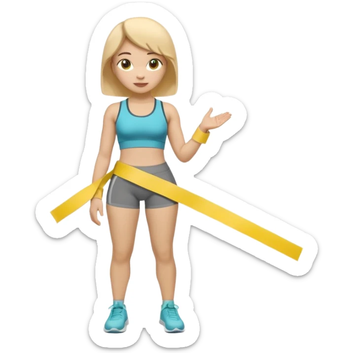 A 3D cartoon person measuring their waist with a yellow tape, casual fitness outfit, Memoji-style realism. close up. sticker