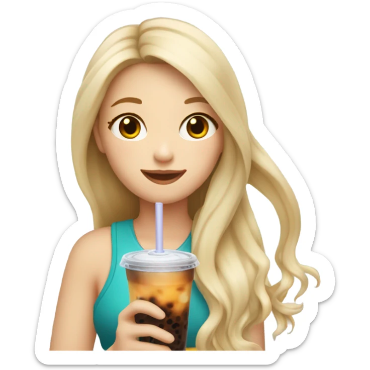  Blonde long hair girl eating Korean food and drinking boba sticker