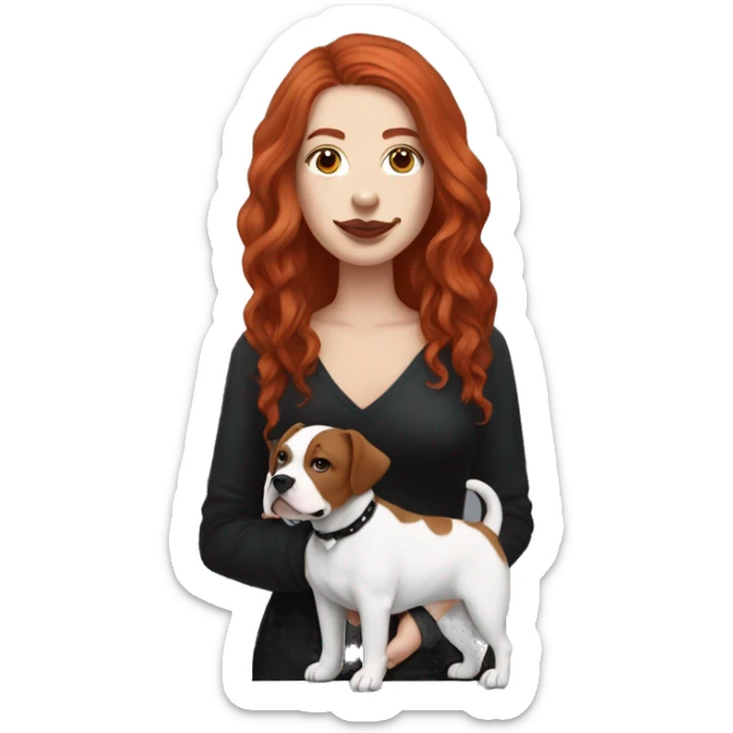 Long Red haired woman with septum piercing holding black and white English Staffordshire dog sticker