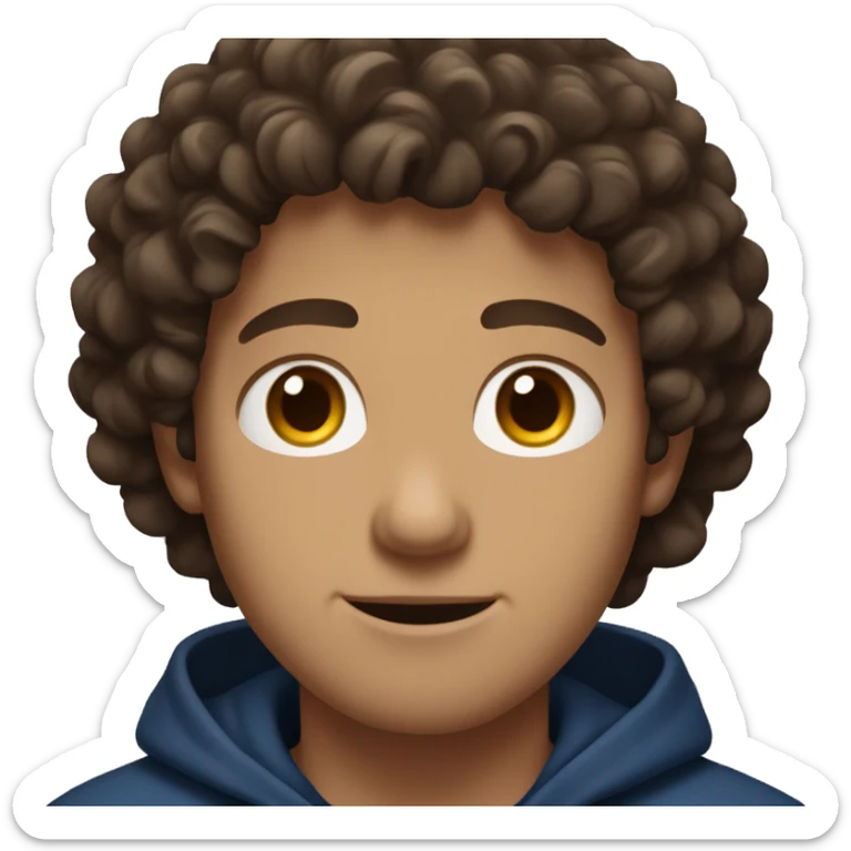 white guy with curly dark brown hair and dark blue hoodie and brown eyes sticker