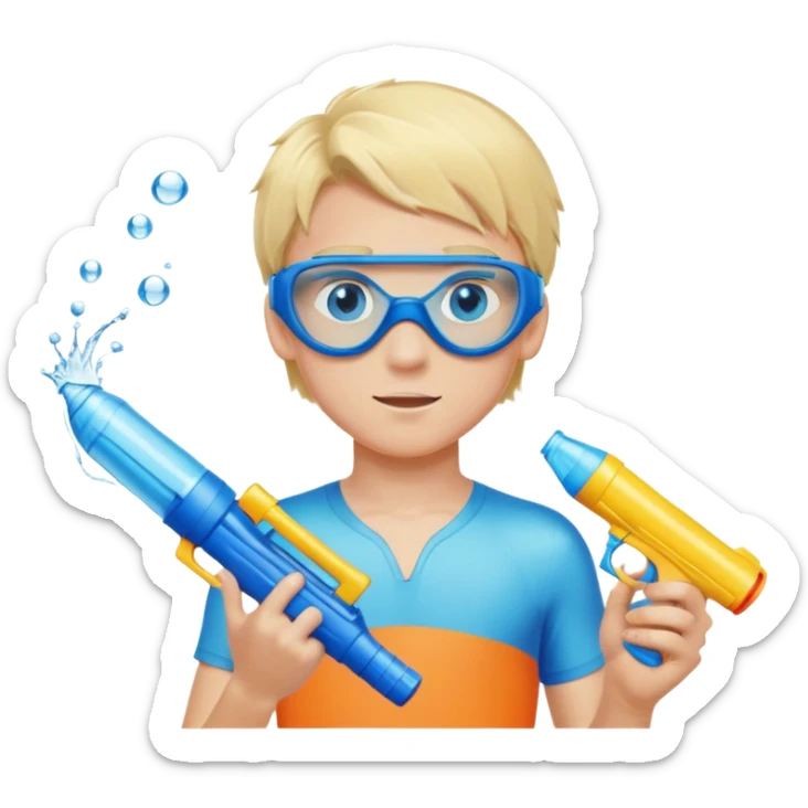 Blond 18 year old boy, with blue eyes, wearing swim goggles, normal clothes, holding a water gun sticker