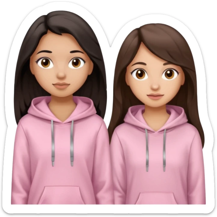 A pretty girl with light skin and long straight black brown hair, wearing a very light pink basic hoodie with brown eyes and makeup and a round face with another girl who is taller with an oval face, tan skin and very wavy brown hair, and a light pink basic shirt sticker