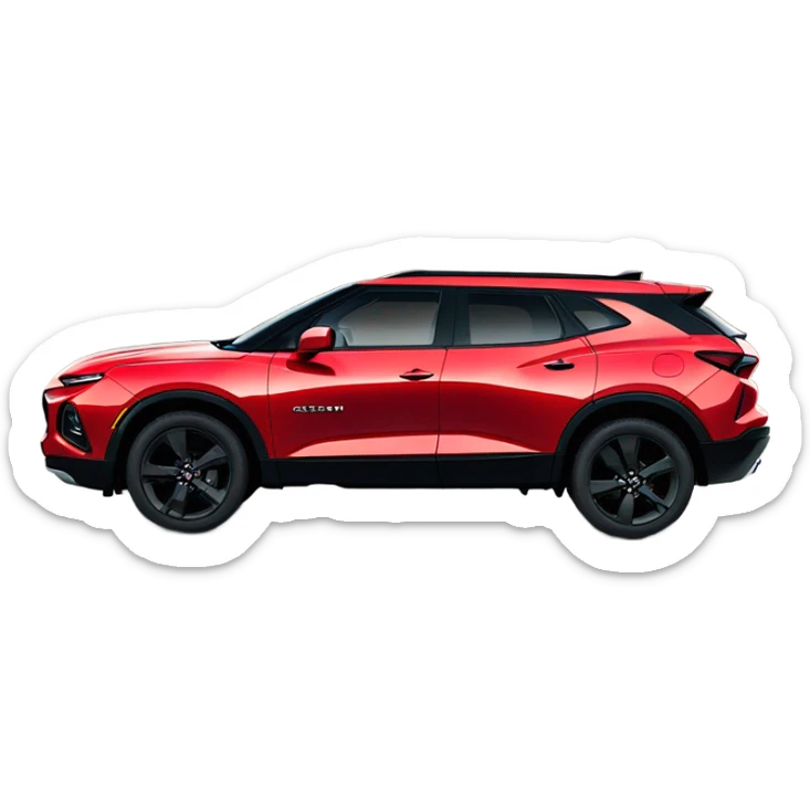 2020 Red Chevrolet Blazer with black wheels, black Chevrolet logo, in front of mountains   sticker