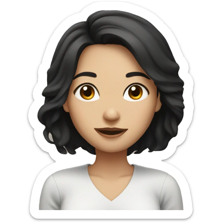 light brunette woman, with shoulder-length black hair and pretty sticker