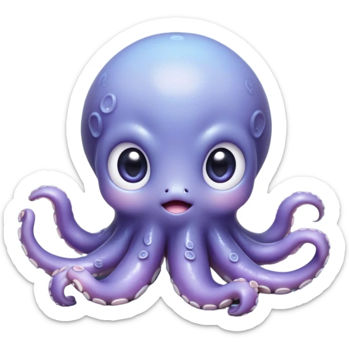 Cinematic Cute Shy Baby Octopus Portrait Emoji, Tentacles tucked slightly inward in an adorably bashful pose, featuring a softly glowing, round light blue-purple body with enormous, soulful eyes peering out timidly, Simplified yet irresistibly adorable features, highly detailed, glowing with a delicate, soothing marine radiance, high shine, quiet yet expressive, stylized with an air of gentle mystery, soft glowing outline, capturing the essence of a tiny, shy deep-sea creature that seems as if it could slowly peek out and explore the world with cautious curiosity! sticker
