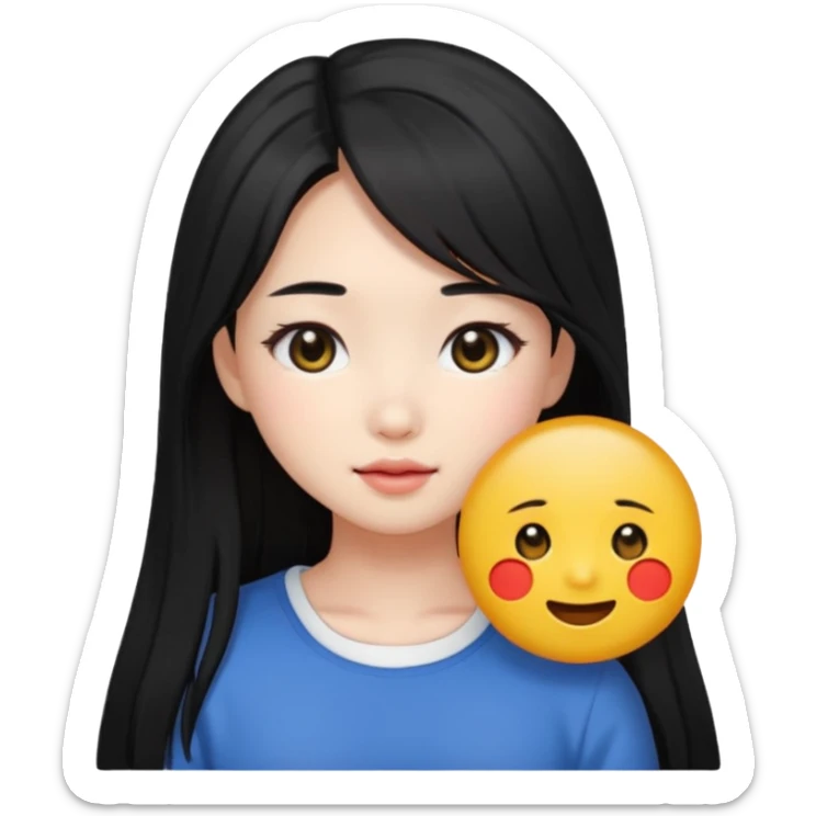 cute Korean girl with black long hairstyle and black eyes, emoji style sticker