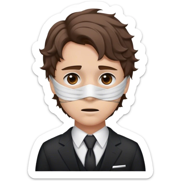 A guy with short brown wavy hair an eye bandage with brown eyes and a neck bandage wearing a suit and death staring sticker
