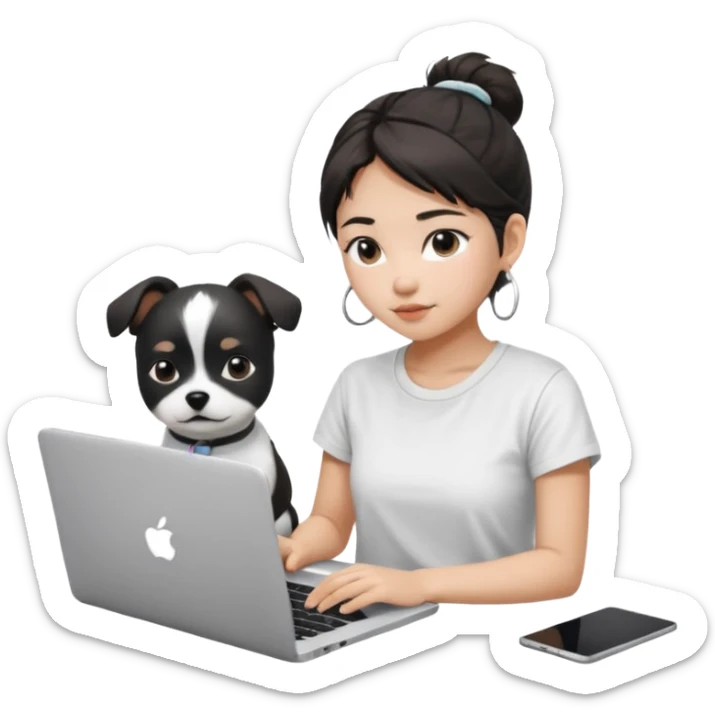 Asian girl with messy bun hair, wearing a white t-shirt, working on an Apple laptop, next to her is a small black and white dog sticker