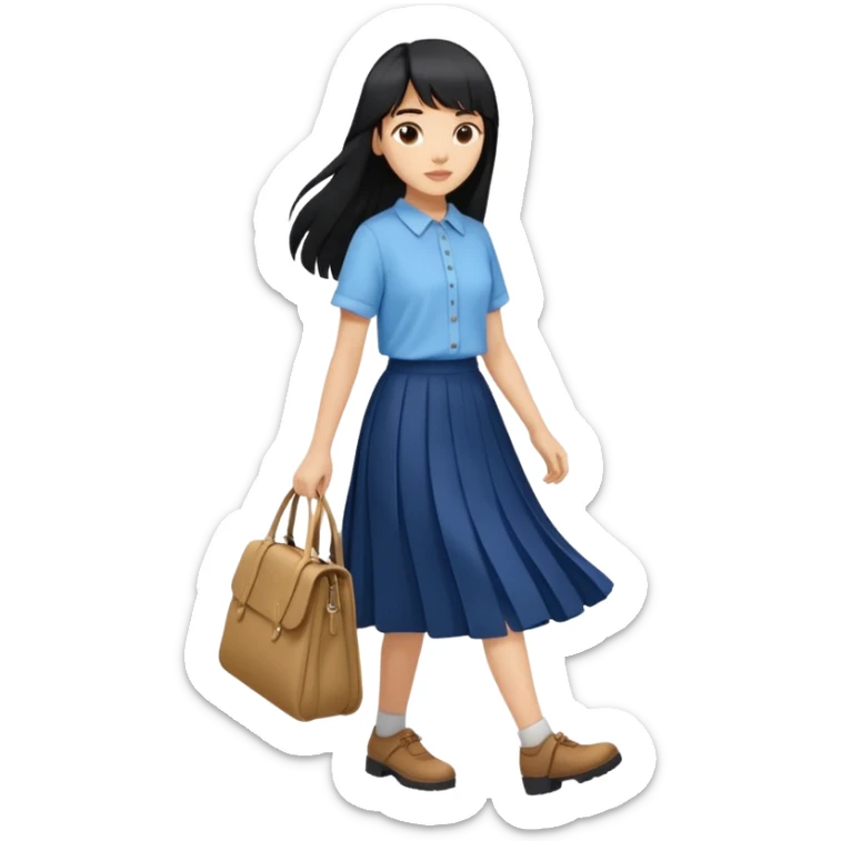 hair : black long hair with fringe 
skin : light 
cloth : oversize light blue shirt + navy long long skirt 
motion : walking without bag  sticker