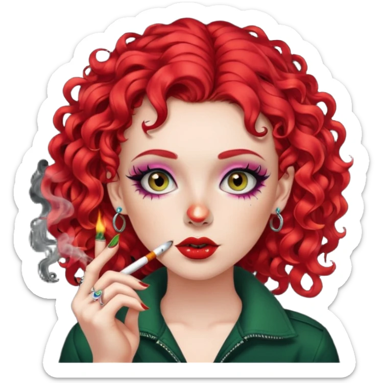 bright red curly hair alt girl with makeup and piercings smoking a joint sticker