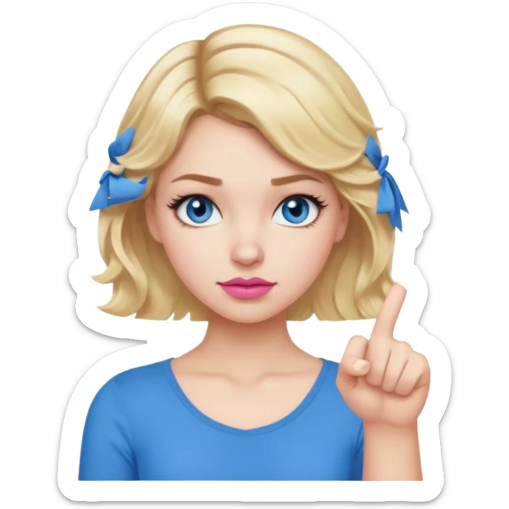 Girl Blonde short wavy hair,  blue eyes, cute blue top, long lashes, pink lips, thumbs down 👎  sticker
