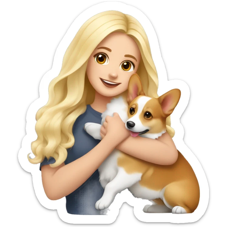 Beautiful blonde with a square hugs with Welsh corgi Pembroke tricolor sticker