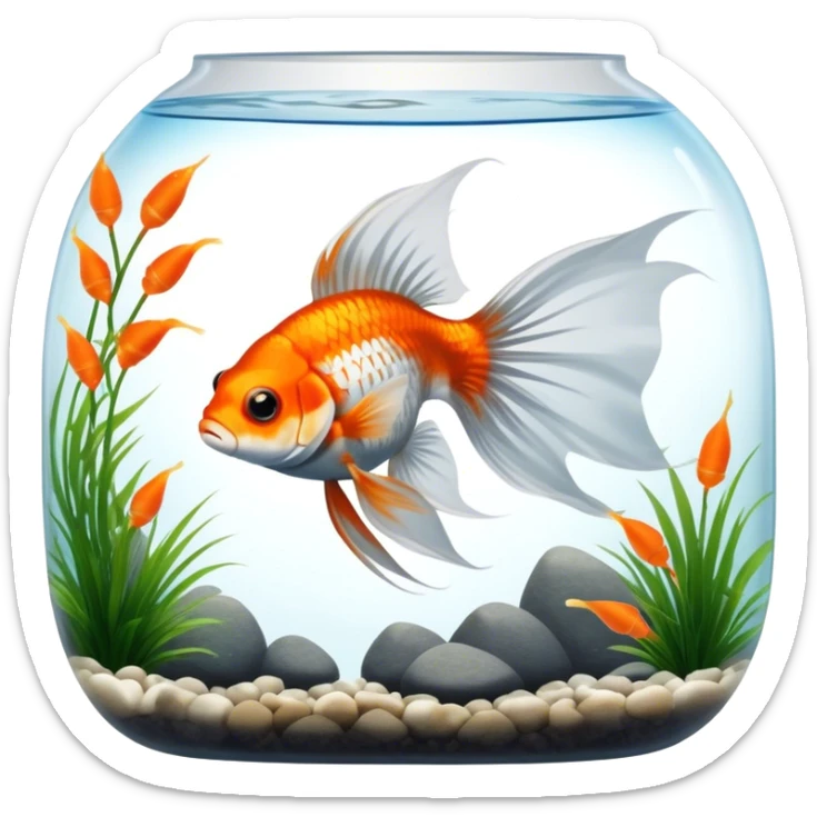 Large aquarium fish like veil tails and lionhead goldfish swimming gracefully in a beautifully decorated aquarium. Colorful aquatic plants, smooth rocks, and gentle bubbles surround the fish. The water shimmers in sunlight, creating a peaceful and vibrant underwater scene. Transparent background. sticker