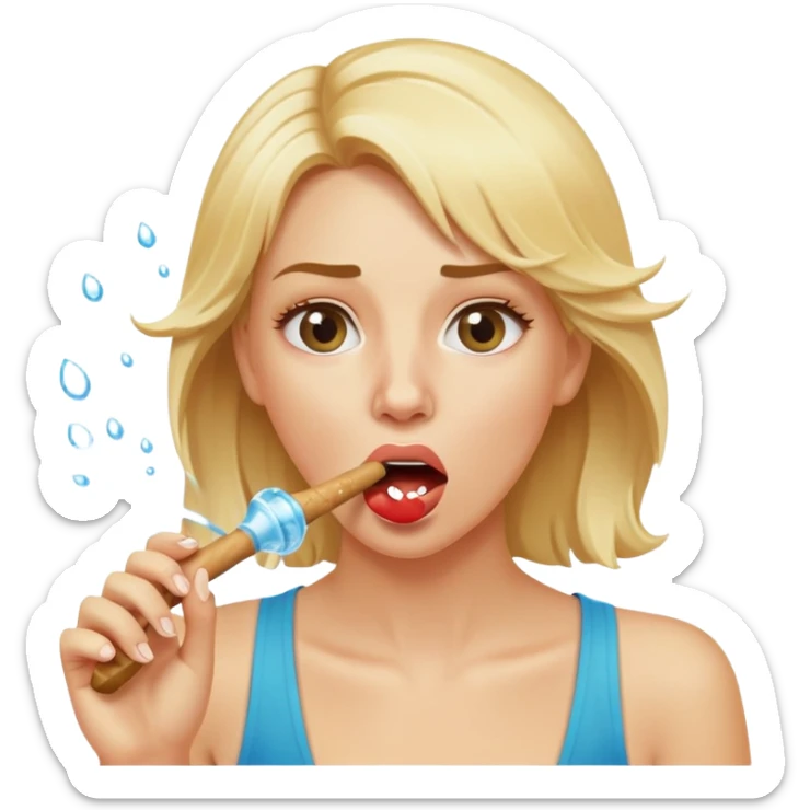 blond woman biting a skin-tone stick, water jet shooting from the stick into her mouth, surprised look sticker