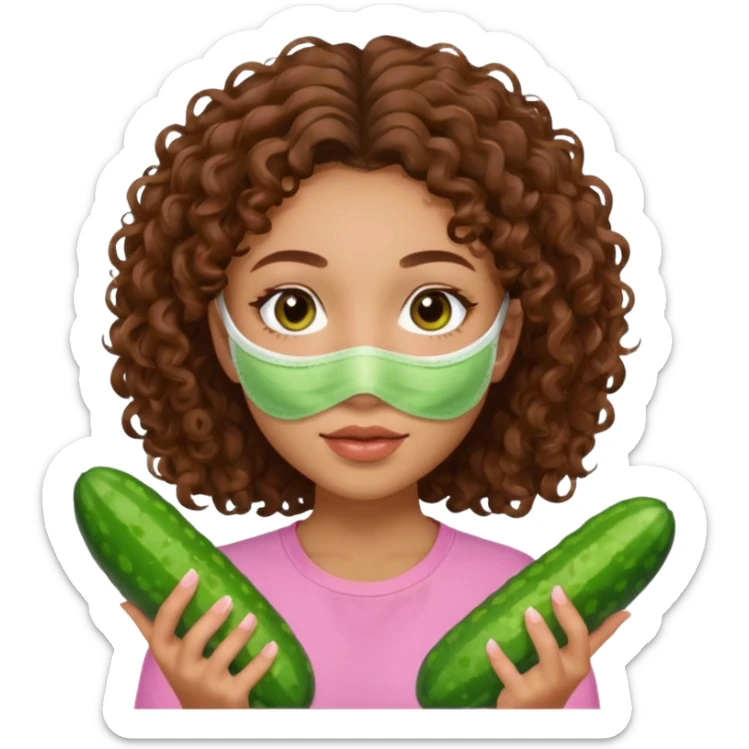 lightskin girl with green skincare facemask and cucumbers and brown curly hair and a pink shirt  sticker