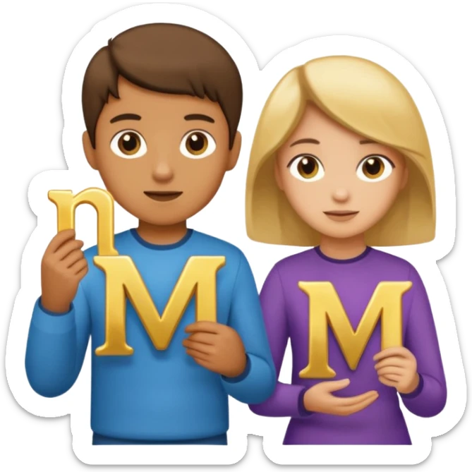 Create two letters, N and Y, in the shape of sisters. Create an image of a boy holding the letter N and a girl holding the letter M  sticker