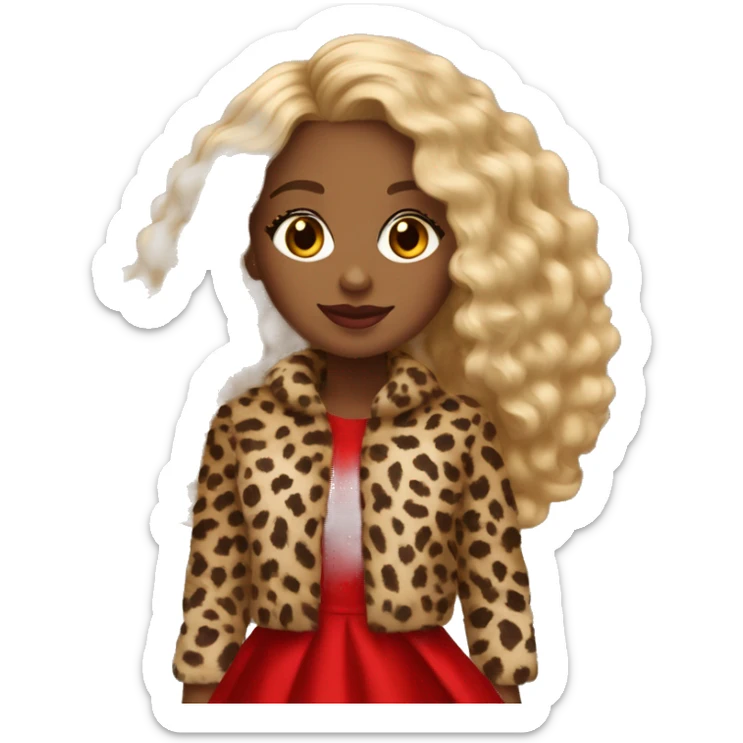 Brown girl curly long blonde hair wearing cheetah fur coat red dress and red heels  sticker