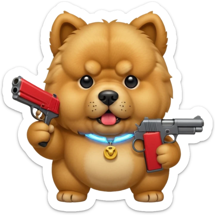 Funny cartoon-style chow chow dog with light fur standing on its hind legs and holding a gun menacingly sticker