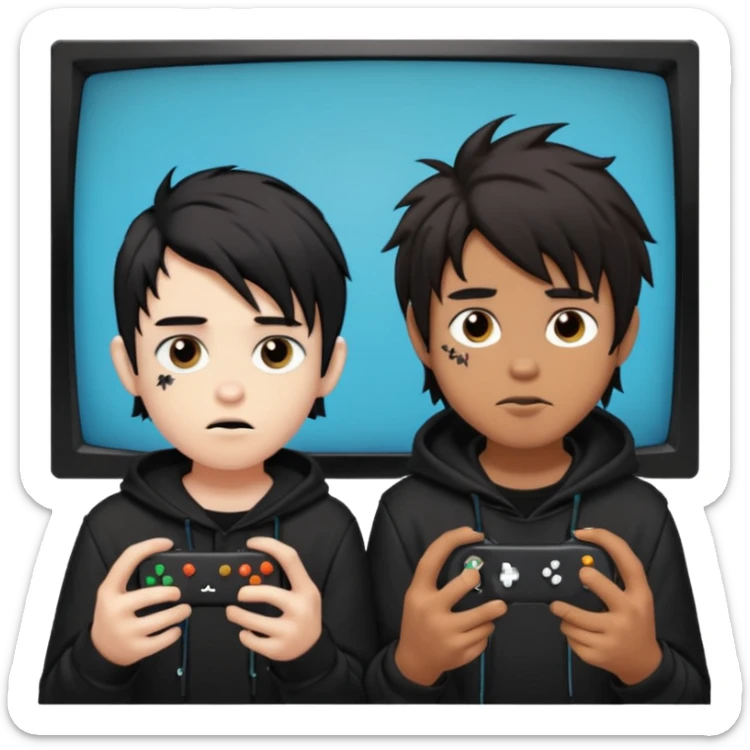 pale Goth boy with a bunch of face piercings, with shaggy dark brown hair, next to a Carmel  skin gamer boy with long black hair , they are watching tv together  sticker