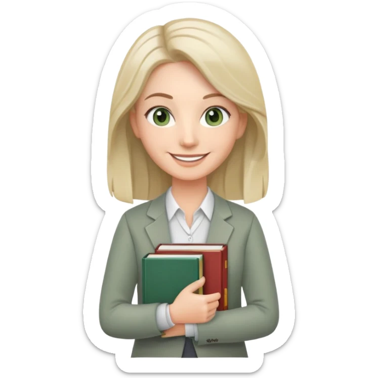 smiling English teacher with airtouch hair and grey-green eyes holding books and teaching materials sticker