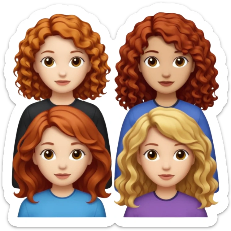 5 girls. The 1st girl has curly read hair. The 2nd girl has dyed blonde hair with brunette roots and she had mid-length hair that is wavy. The 3rd girl has long wavy brunette hair. The 4th girl has mid-length straight brunette hair. The 5th girl has black hair that is mid-length and wavy. sticker