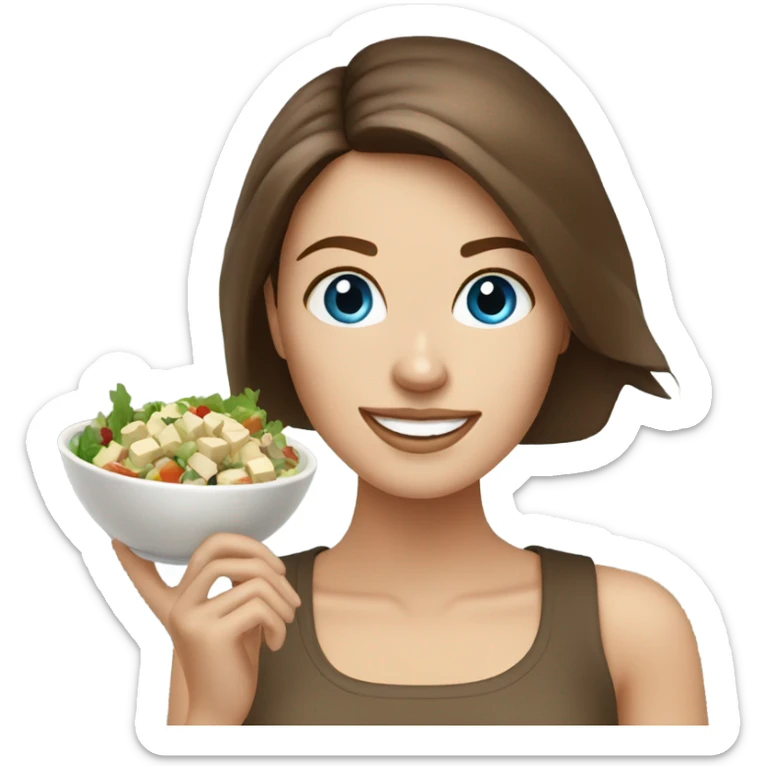 White girl Brown hair blue eyes eating Tofu salad sticker