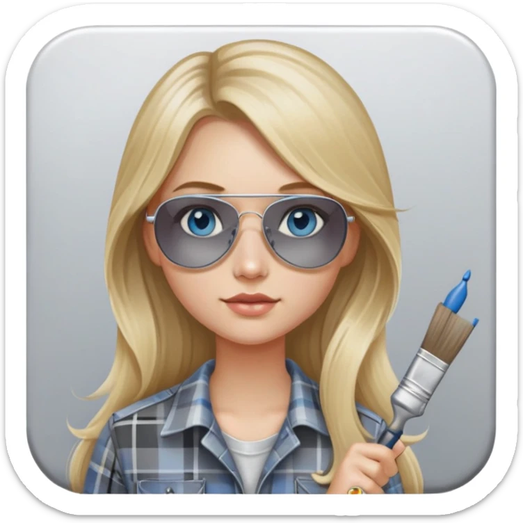 girl with long blond hair, wearing grey plaid shirt with blue eyes and aviator sunglasses wearing a ring on her silver necklace, holding a paint brush roller with a small bit of paint on her face sticker