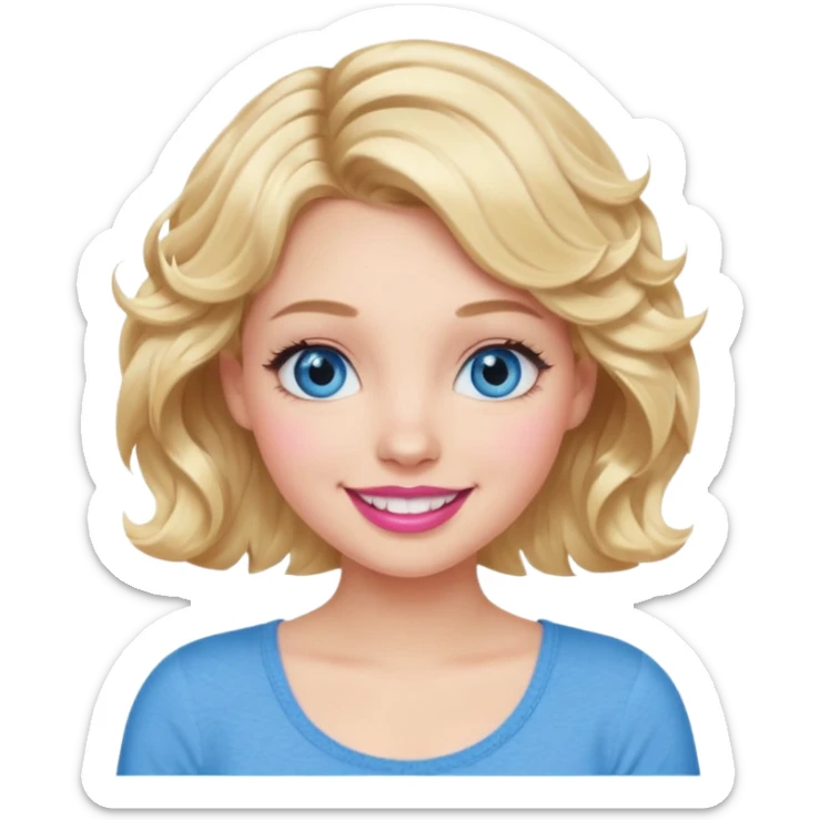 Girl Blonde short wavy hair,  blue eyes, cute blue top, long lashes, pink lips, 👄 big smile sticker