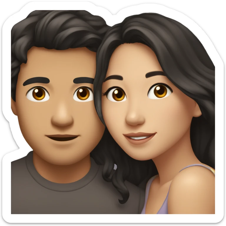 A half pale Asian man with short dark hair and amber eyes embracing and loving a half Asian woman with long wavy dark hair and dark hazel eyes. They love each other a lot And have good fashion taste. And are having a lot of fun sticker