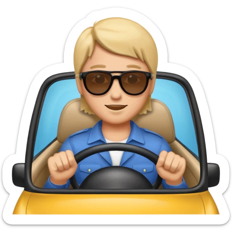 Crea un emoji con fondo transparente en PNG de una persona manejando un vehículo, que se vea desde el parabrisas frontal. sticker