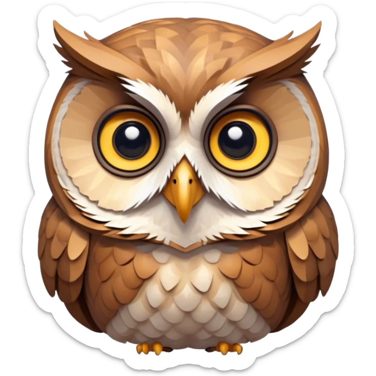 Búho Sabio y Sereno Low-poly o semi-realista con texturas suaves.Un búho de aspecto amigable, con ojos grandes y expresivos que transmiten calma y confianza. sticker