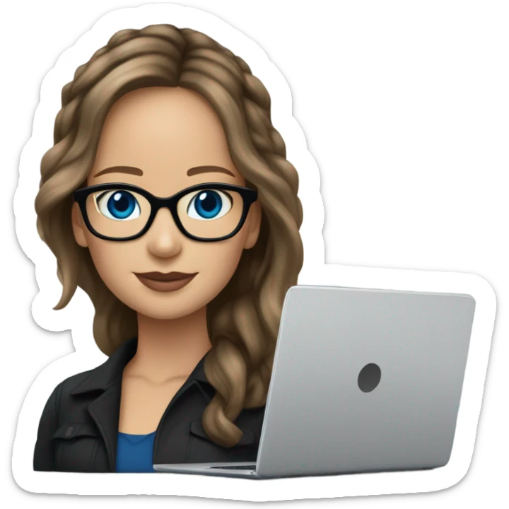 Realistic Photo of Brunette Jennifer Lawrence wearing black glasses and blue eyes  on a laptop  sticker