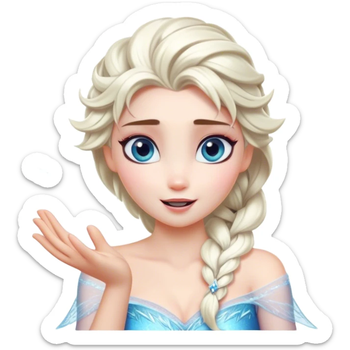 Cinematic Playful Elsa Portrait Emoji, Blowing frost from her hands in a dazzling display, eyes filled with mischief, exuding a magical charm that is both fun and enchanting! sticker