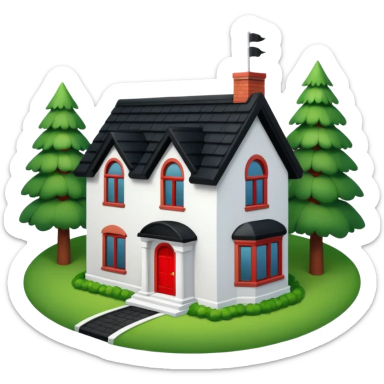 Dom z czarnym dachem i biała elewacja ze wstawkami z czerwonej cegły.Na drugim planie las. sticker