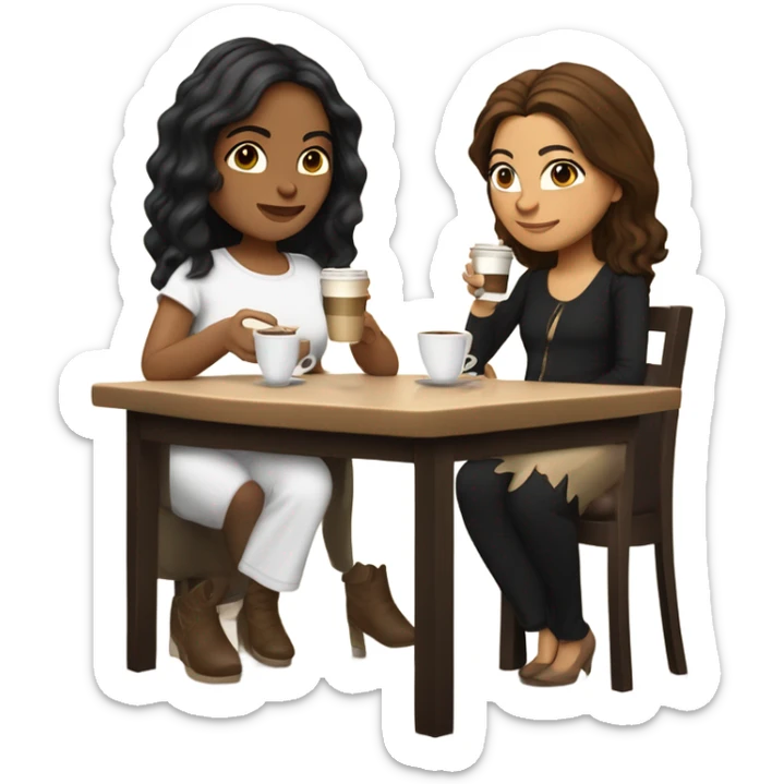 puerto rican woman light skin with shoulder-length, wavy, brown hair drinking latte with Italian Roman woman with black, straight hair drinking espresso at table sticker