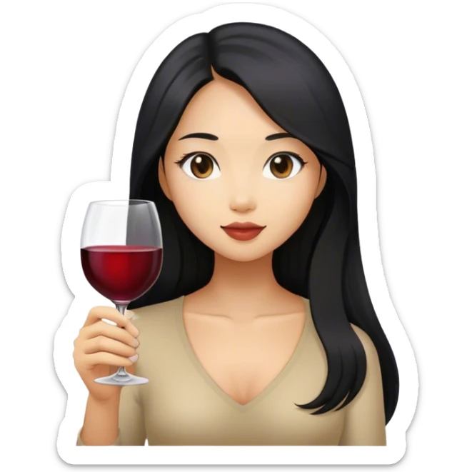 tan asian girl with black long hair holding glass of wine sticker