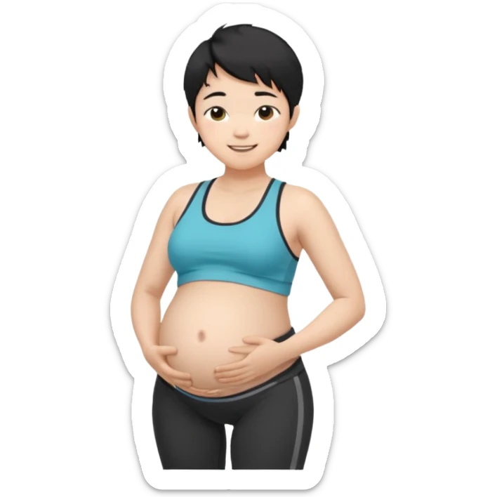 pregnant asian boy with short messy black hair wearing a sports bra with leggings holding his belly sticker