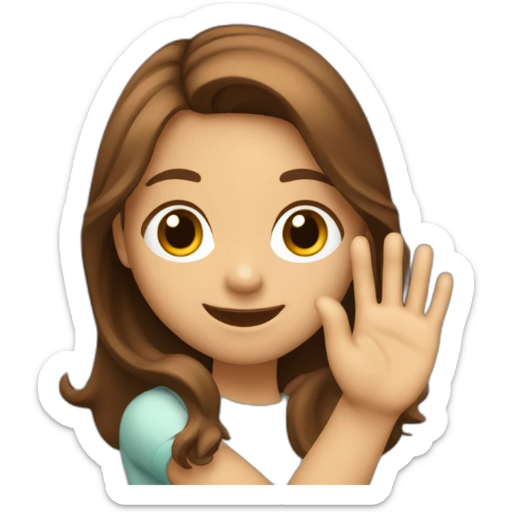 Girl with brown and long hair smiling kindly and waving with the right hand sticker