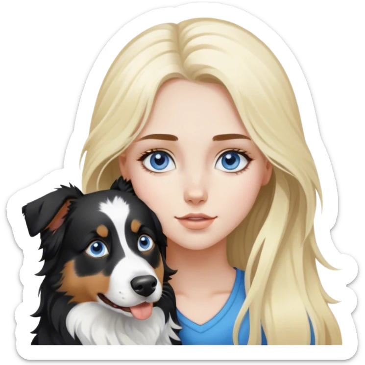 pale girl with blue eyes and long blonde hair and black white Australian shepherd. sticker