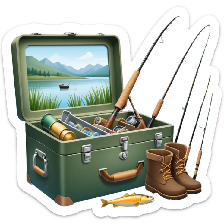 Icon for Fishing: a fishing tackle box, a spinning rods, boots, and a boat by a water body with a beautiful nature backdrop. The icon should evoke the peaceful and adventurous spirit of fishing. Transparent background. sticker