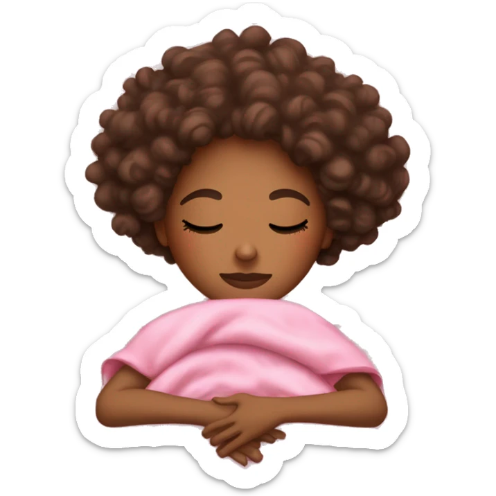 Brown girl with curly hair resting in bed with eyes closed pink blankets sticker