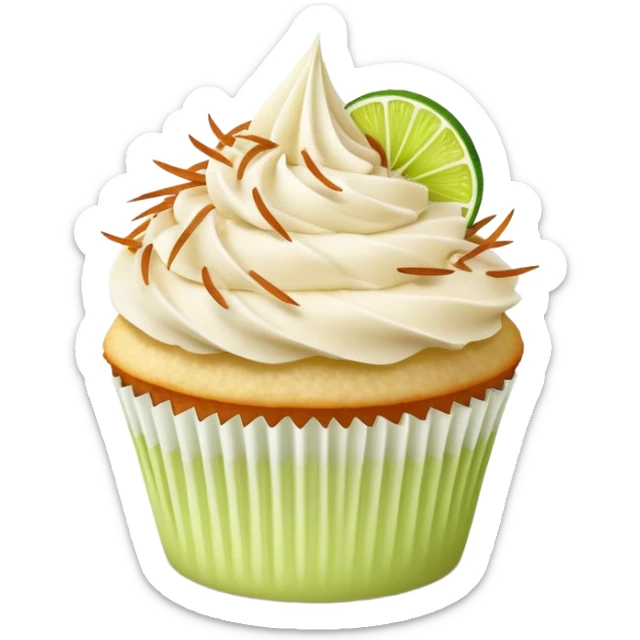 Vanilla cupcake with vanilla frosting with shredded toasted coconut on top and lime sticker