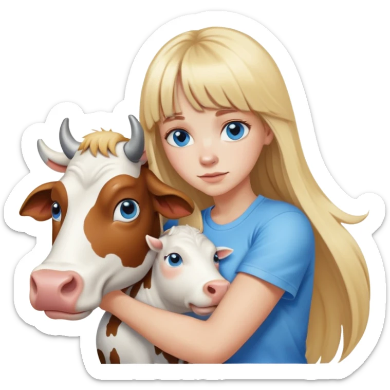 Woman whit hair long and blonde bangs in front, blue eyes, white t shirt hugging a cow sticker